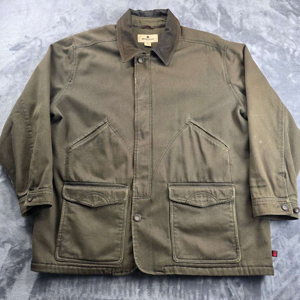 Woolrich Field Jacket Mens 2XL Olive Canvas Barn Chore Fleece Lined Leather Trim